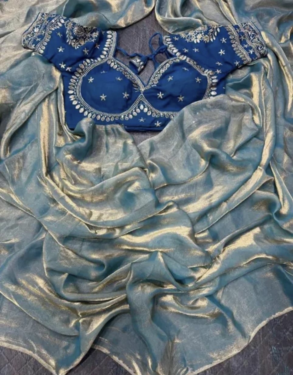 DESIGNER PLAIN FANDY SHIMMER SAREE WITH STITCHED BLOUSE - SK-105-DPFSSWSB