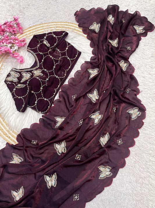 BLING BUTTERFLY BURGANDY PARTYWEAR SAREE WITH STITCHED BLOUSE - SK-559-BBBPSWSB