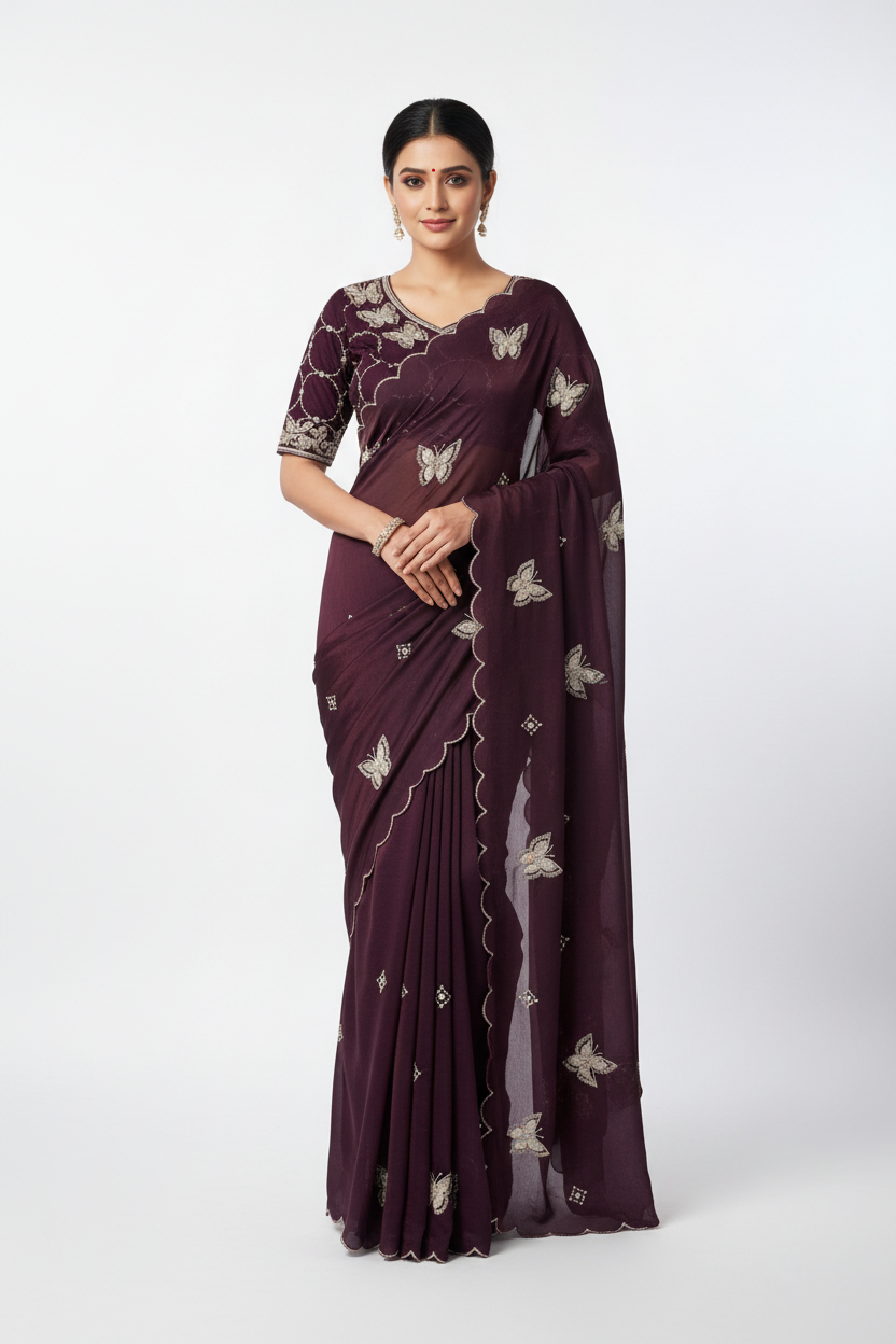 BLING BUTTERFLY BURGANDY PARTYWEAR SAREE WITH STITCHED BLOUSE - SK-559-BBBPSWSB