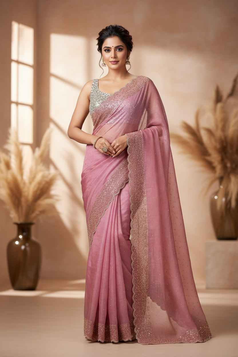 BLING BORDER PINK COLOUR PARTY WEAR STONEWORK SAREE ELEVATE YOUR CELEBRATION LOOK COPY - SK-668-BBPCPWSSEYCLC