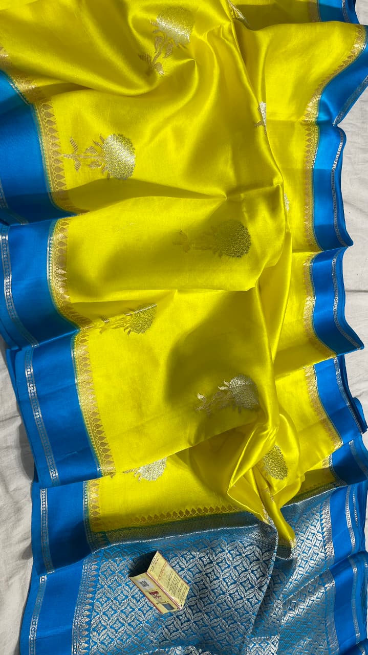 YELLOW AND BLUE CONTRAST COLOUR PURE BANARASI MANGO SILK SAREE - SK-152-YABCCPBMSS