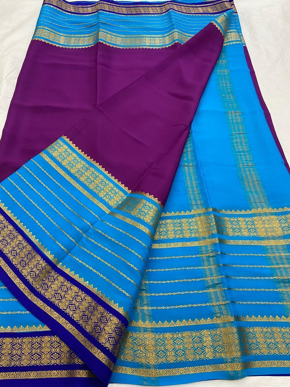 KSIC THICKNESS 130COUNTS CONTRAST PALLU AND CONTRAST BLOUSE PURE MYSORE CREPE SILK SAREES - SK-355-KT1CPACBPMCSS