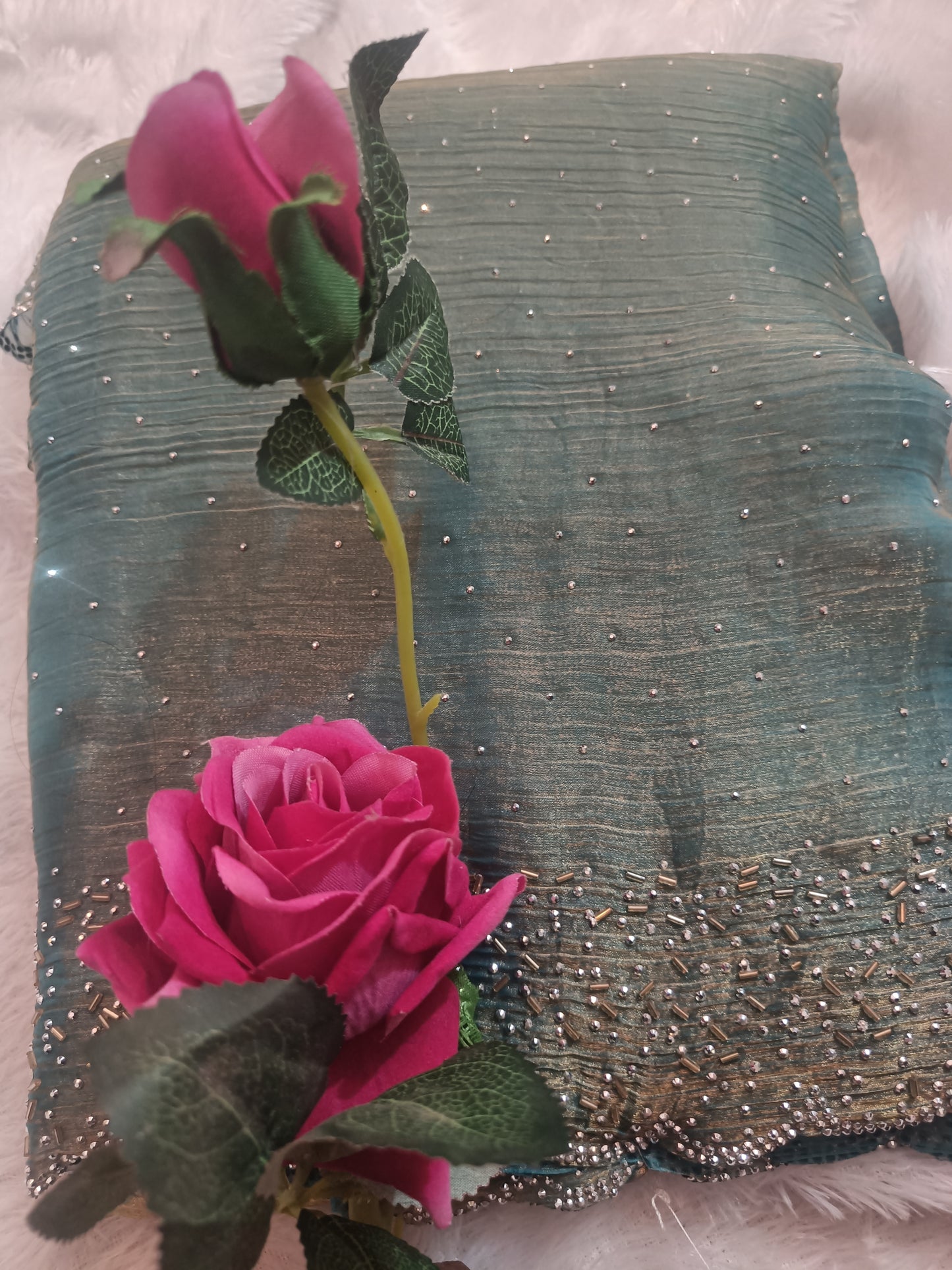 BLING BORDER REPLICA SAREES(teal blue colour)