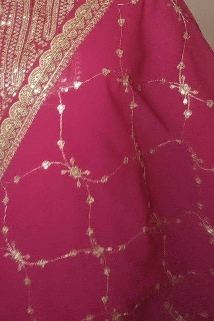 Tomato red colour gown and dupatta.