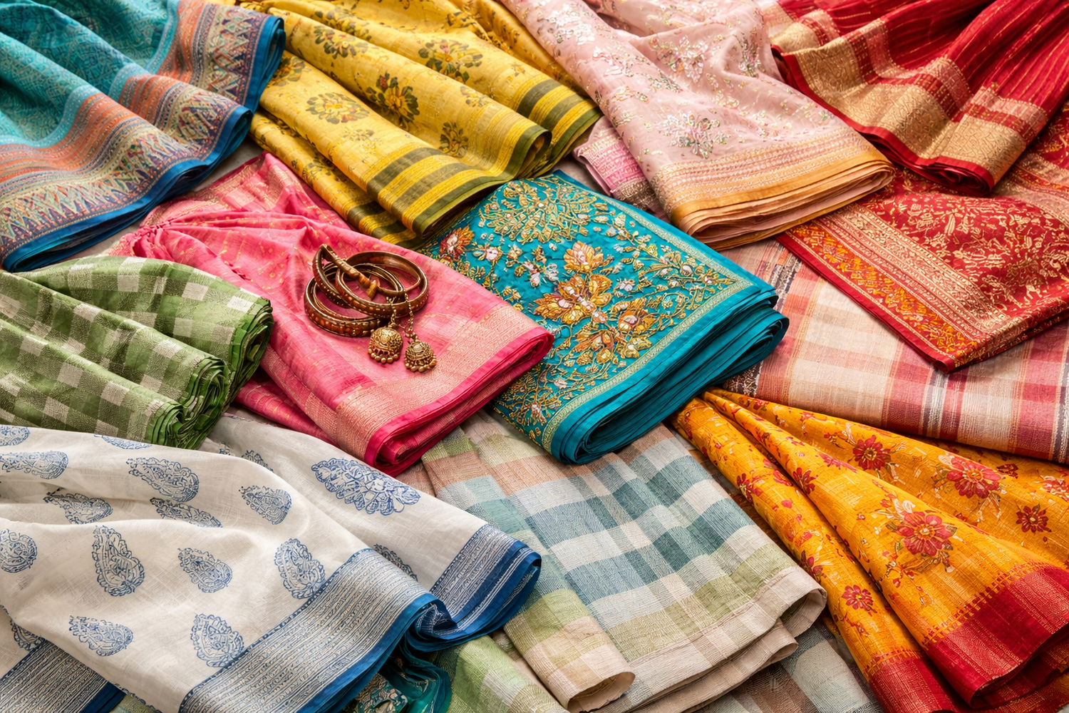 Pure Cotton Sarees made from breathable natural cotton, offering comfort, simplicity, and effortless style for everyday wear.