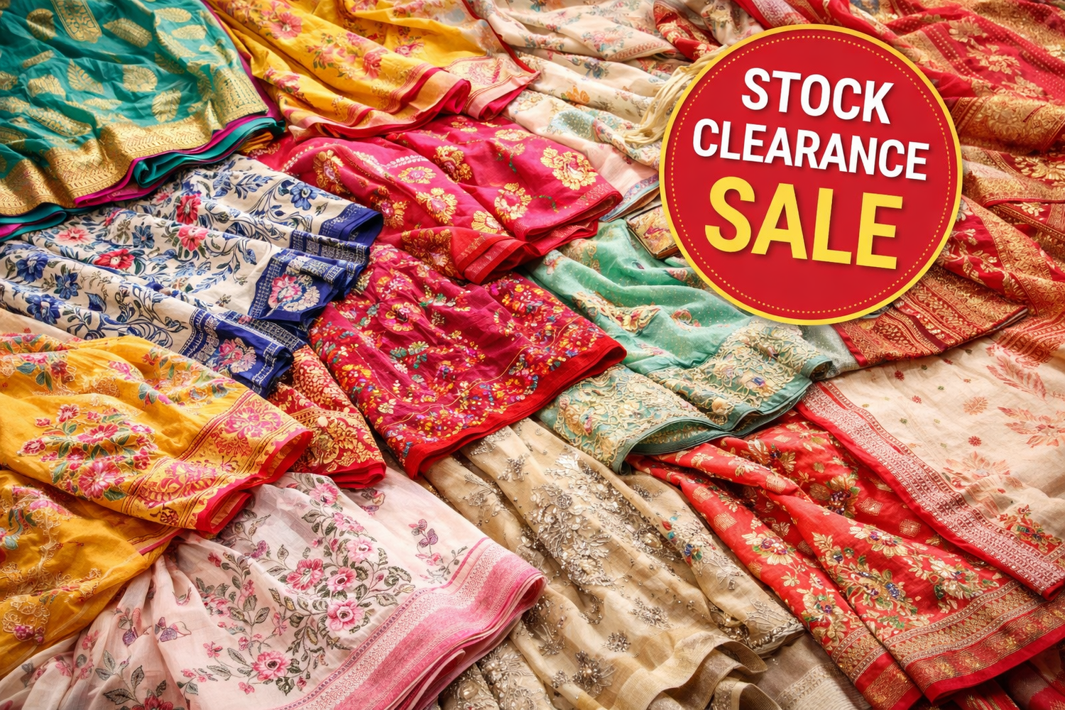 Stock Clearance Sarees featuring limited-piece cotton, semi silk, and designer sarees at special discounted prices., Cheaper, budget friendly, worthy for money.