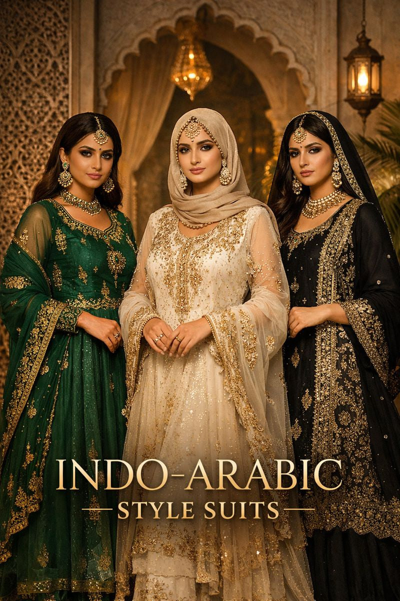 Indo-Arabic Style Suits blending Indian artistry with Arabic elegance for a modest, luxurious, and refined look.