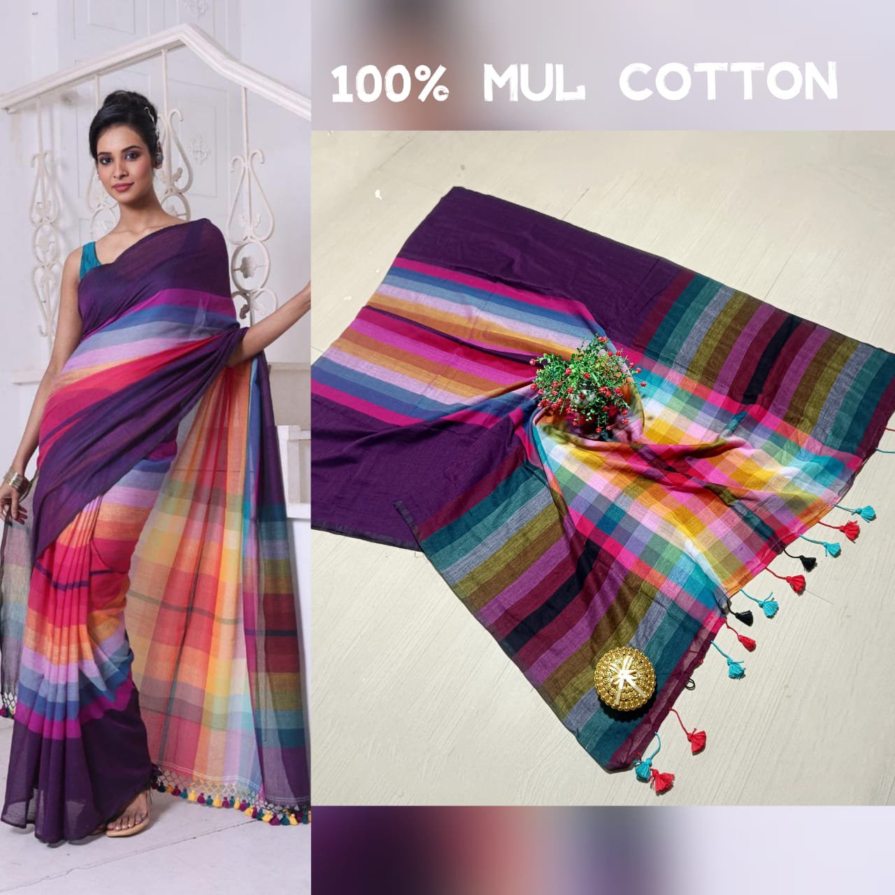 EXCLUSIVE MULTI COLOUR RAINBOW MUL COTTON SAREE SUMMER COLLECTION 2025 - SK-569-EMCRMCSSC2