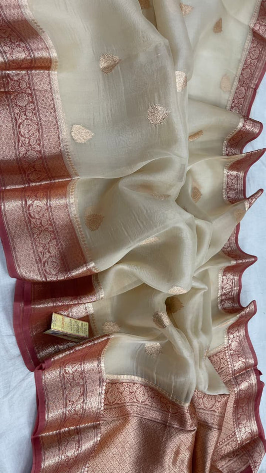 WHITE BENARSI KORA ORGANZA SAREE - SK-619-WBKOS