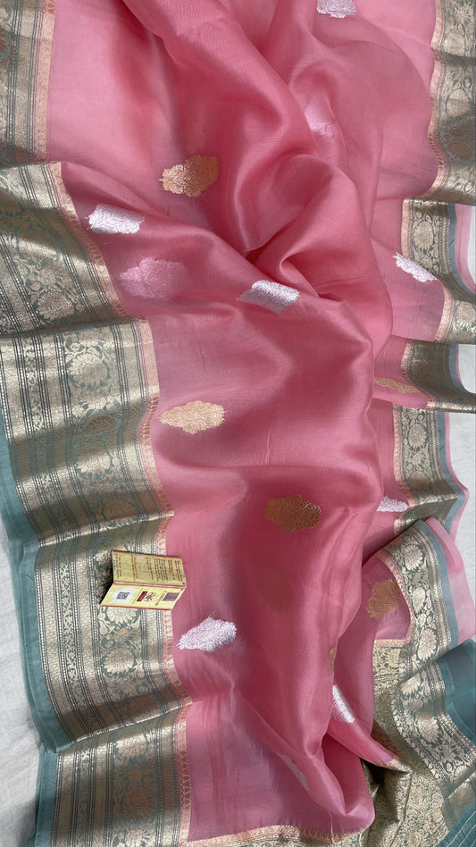 PINK AND CGREEN BENARSI KORA ORGANZA SAREE - SK-620-PACBKOS