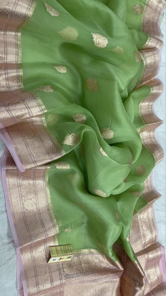 PARROT GREEN BENARSI KORA ORGANZA SAREE - SK-625-PGBKOS