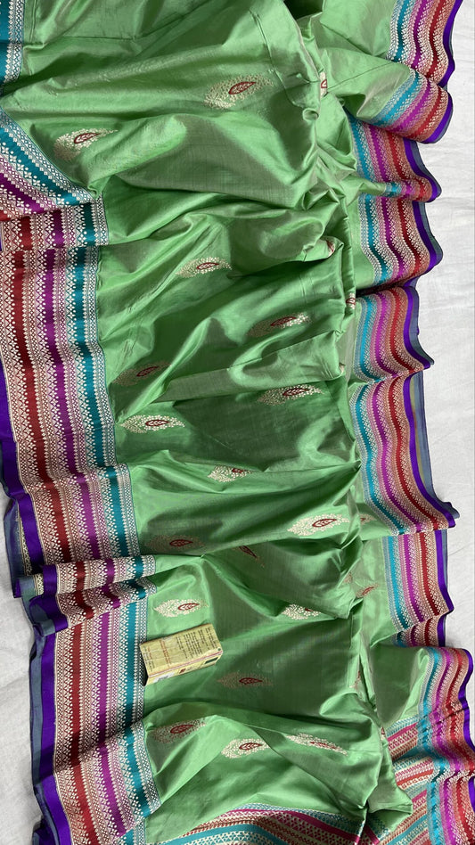 PURE HANDLOOM KATAN MINAKARI SILK SAREE MULTI RANKAT BORDER - SK-634-PHKMSSMRB