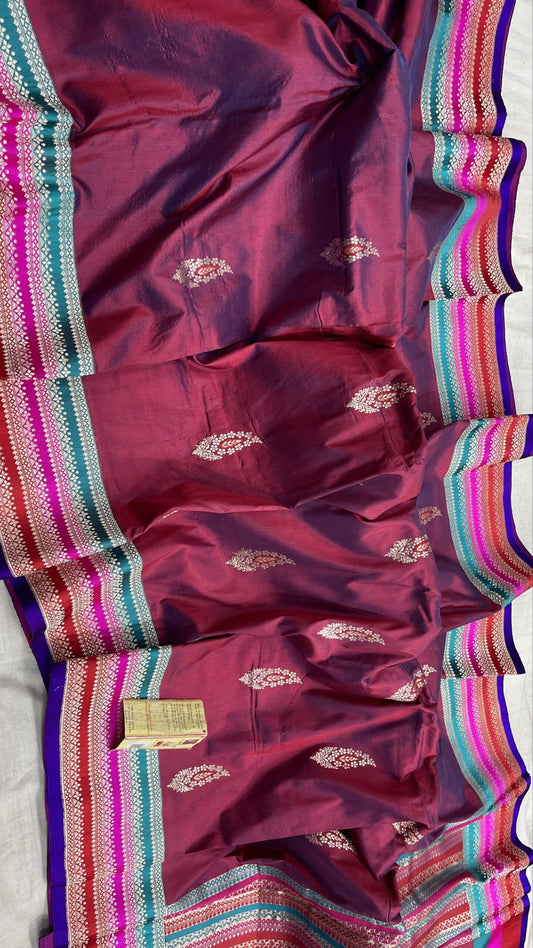 PURE HANDLOOM KATAN MINAKARI SILK SAREE MULTI RANKAT BORDER - SK-629-PHKMSSMRB