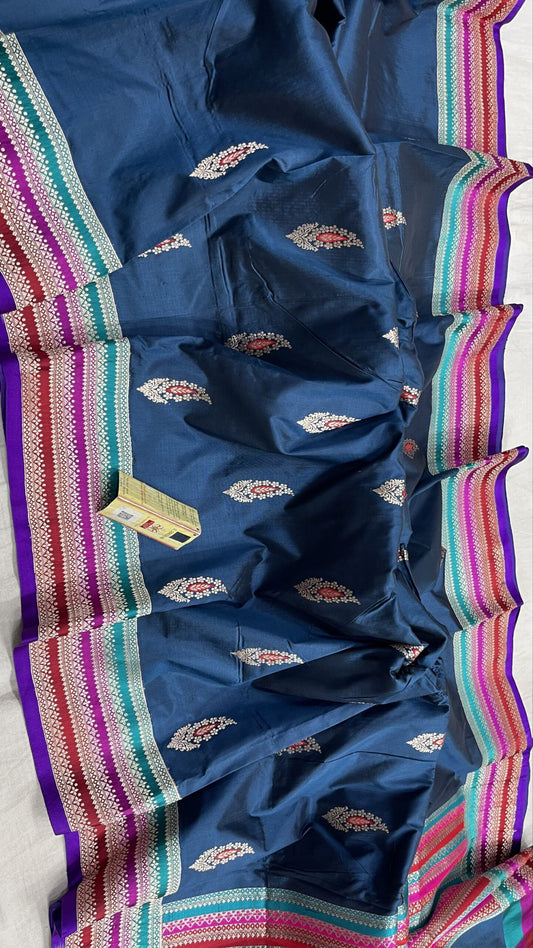 PURE HANDLOOM KATAN MINAKARI SILK SAREE MULTI RANKAT BORDER - SK-632-PHKMSSMRB