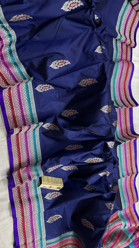 PURE HANDLOOM KATAN MINAKARI SILK SAREE MULTI RANKAT BORDER - SK-635-PHKMSSMRB