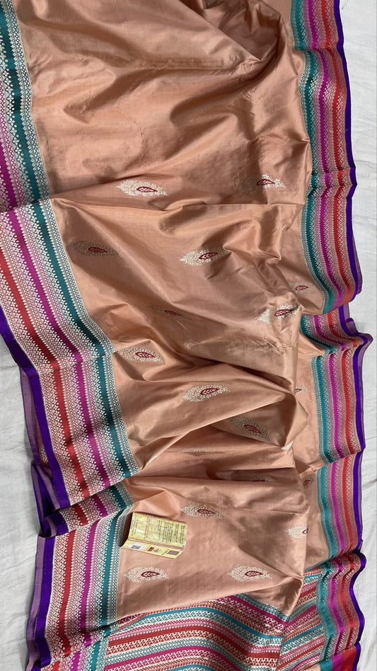 PURE HANDLOOM KATAN MINAKARI SILK SAREE MULTI RANKAT BORDER - SK-631-PHKMSSMRB