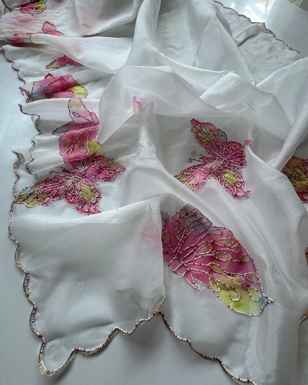 WHITE ORGANZA BUTTERFLY EMBROIDERED SAREE - SK-46-WOBES