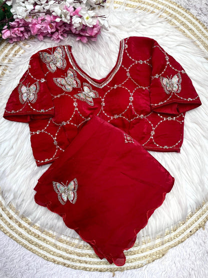BLING BUTTERFLY RED PARTYWEAR SAREE WITH STITCHED BLOUSE - SK-557-BBRPSWSB