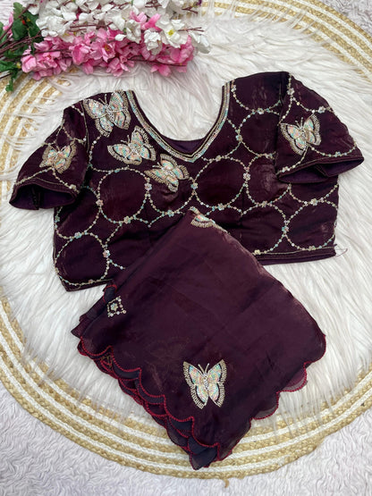 BLING BUTTERFLY BURGANDY PARTYWEAR SAREE WITH STITCHED BLOUSE - SK-559-BBBPSWSB