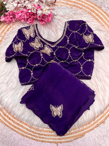 BLING BUTTERFLY PURPLE PARTYWEAR SAREE WITH STITCHED BLOUSE - SK-558-BBPPSWSB