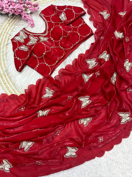 BLING BUTTERFLY RED PARTYWEAR SAREE WITH STITCHED BLOUSE - SK-557-BBRPSWSB
