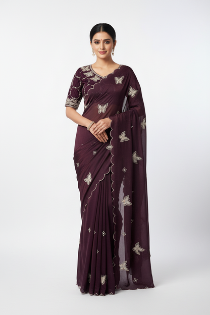 BLING BUTTERFLY BURGANDY PARTYWEAR SAREE WITH STITCHED BLOUSE - SK-559-BBBPSWSB