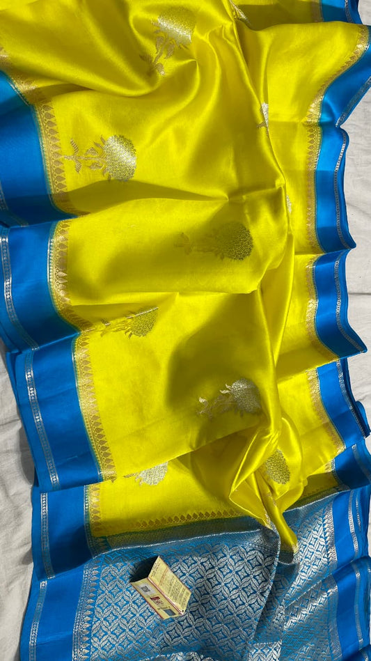 YELLOW AND BLUE CONTRAST COLOUR PURE BANARASI MANGO SILK SAREE - SK-152-YABCCPBMSS