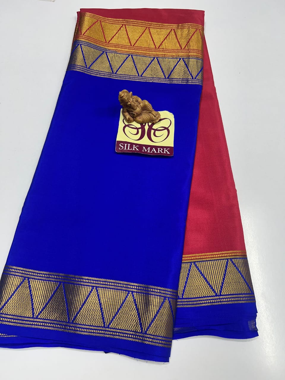 HALF AND HALF RED AND ROYAL BLUEPURE CREPE SILK SAREES WITH SILKMARK PURE MYSORE CREPE SILK SAREES WITH RUNNING BLOUSE PIECE - SK-381-HAHRARBCSSWSPMCSSWRBP