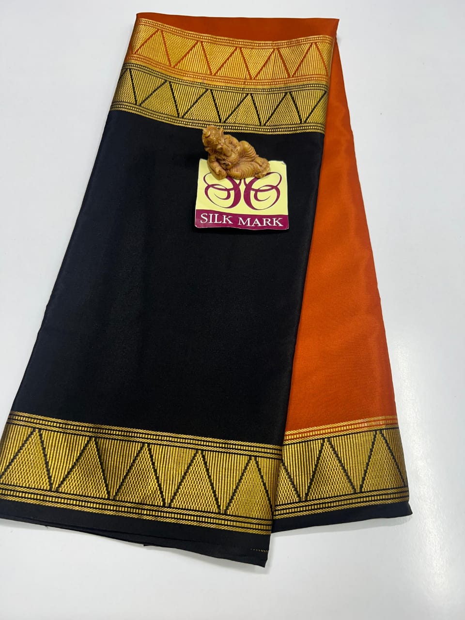 HALF AND HALFBLACK AND ORANGE PURE CREPE SILK SAREES WITH SILKMARK PURE MYSORE CREPE SILK SAREES WITH RUNNING BLOUSE PIECE - SK-384-HAHAOPCSSWSPMCSSWRBP
