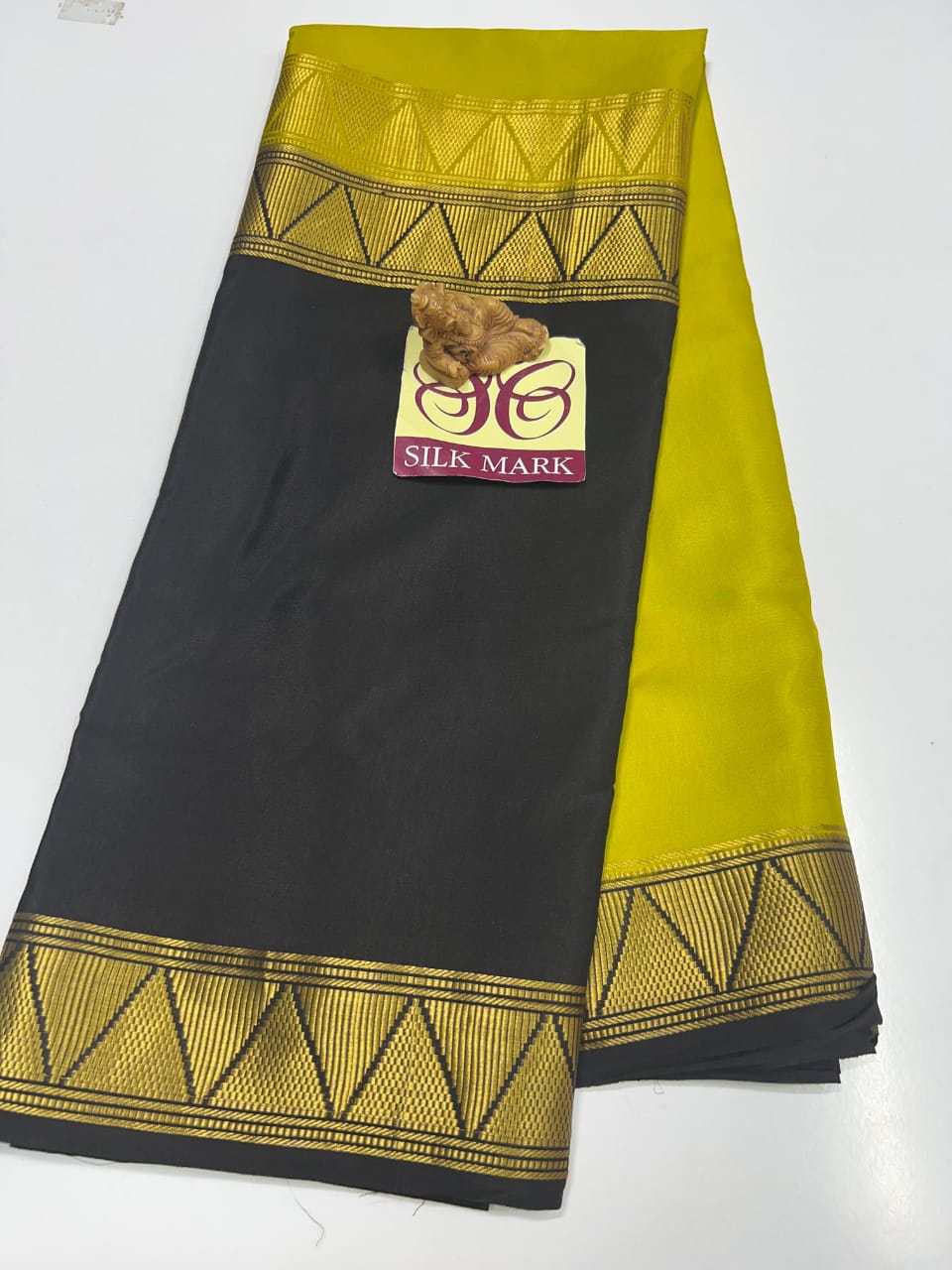HALF AND HALFYELLOW AND BLACK PURE CREPE SILK SAREES WITH SILKMARK PURE MYSORE CREPE SILK SAREES WITH RUNNING BLOUSE PIECE - SK-388-HAHABPCSSWSPMCSSWRBP