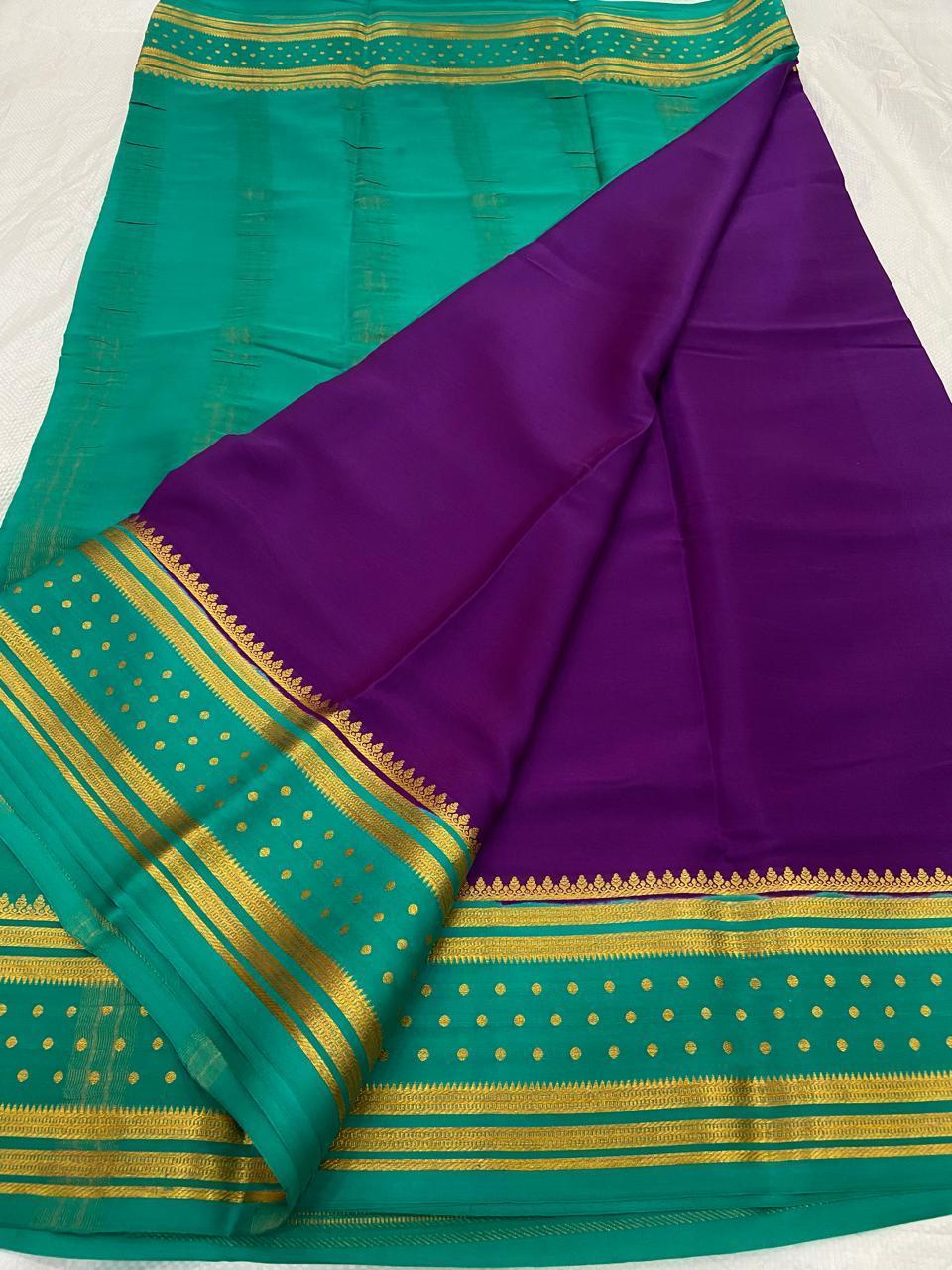 KSIC THICKNESS 130COUNTS CONTRAST PALLU AND CONTRAST BLOUSE PURE MYSORE CREPE SILK SAREES - SK-413-KT1CPACBPMCSS