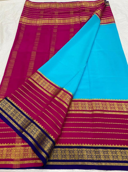 KSIC THICKNESS 130COUNTS CONTRAST PALLU AND CONTRAST BLOUSE PURE MYSORE CREPE SILK SAREES - SK-352-KT1CPACBPMCSS