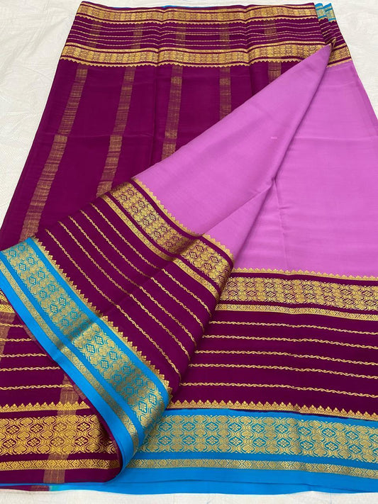 KSIC THICKNESS 130COUNTS CONTRAST PALLU AND CONTRAST BLOUSE PURE MYSORE CREPE SILK SAREES - SK-350-KT1CPACBPMCSS