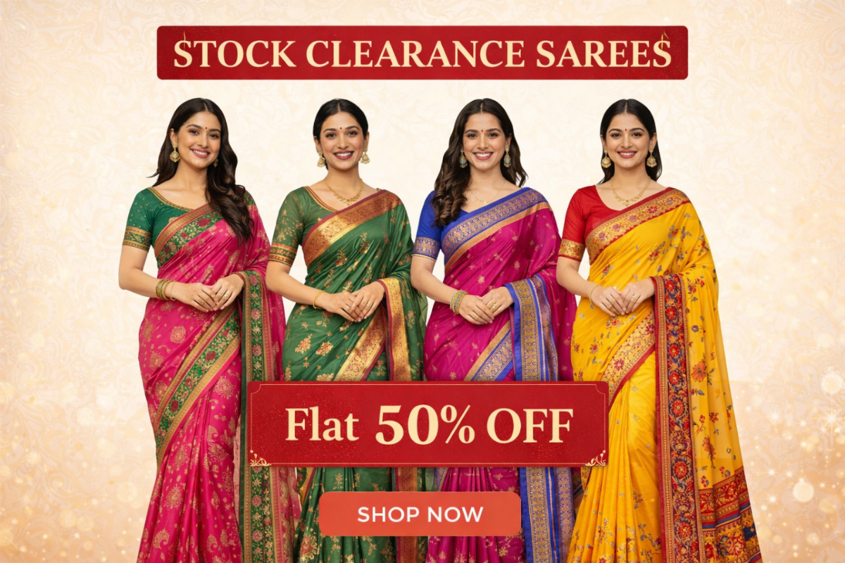 “Stock clearance sarees collection featuring discounted cotton, semi silk, and designer sarees”
