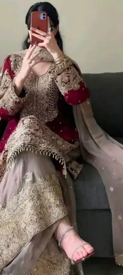 INDO ARABIC 3 PIECE SUIT RED AND CREAMY LILAC