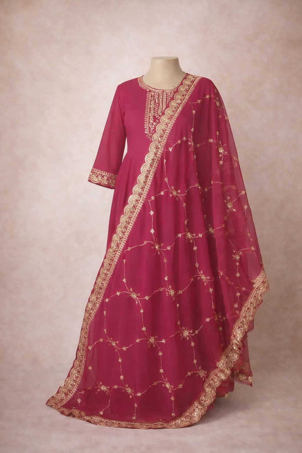 Tomato red colour gown and dupatta.