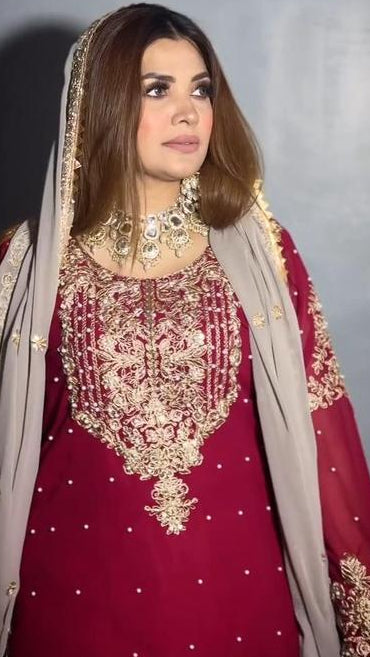 INDO ARABIC 3 PIECE SUIT RED AND CREAMY LILAC