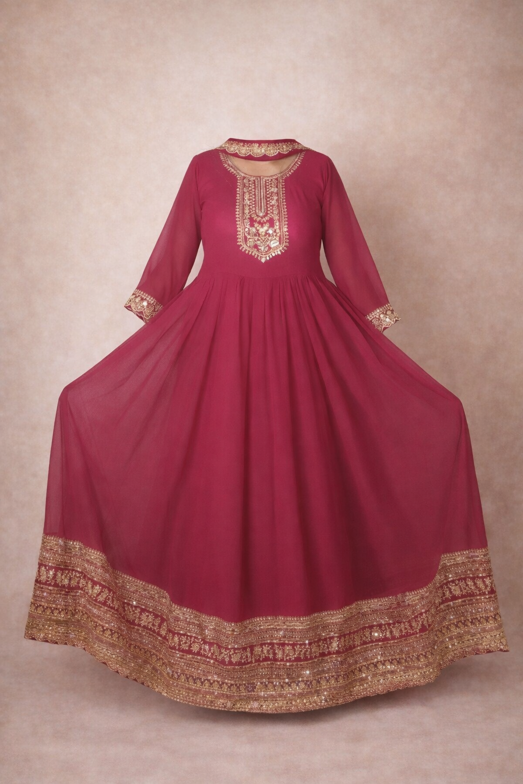 Tomato red colour gown and dupatta.