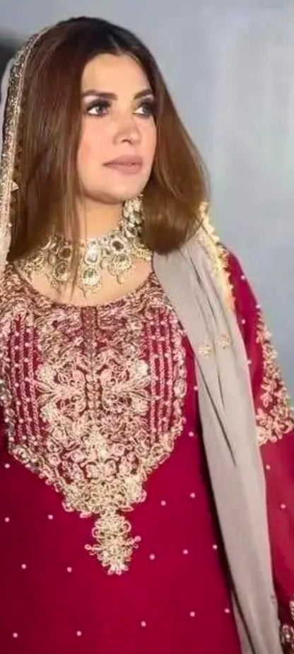 INDO ARABIC 3 PIECE SUIT RED AND CREAMY LILAC