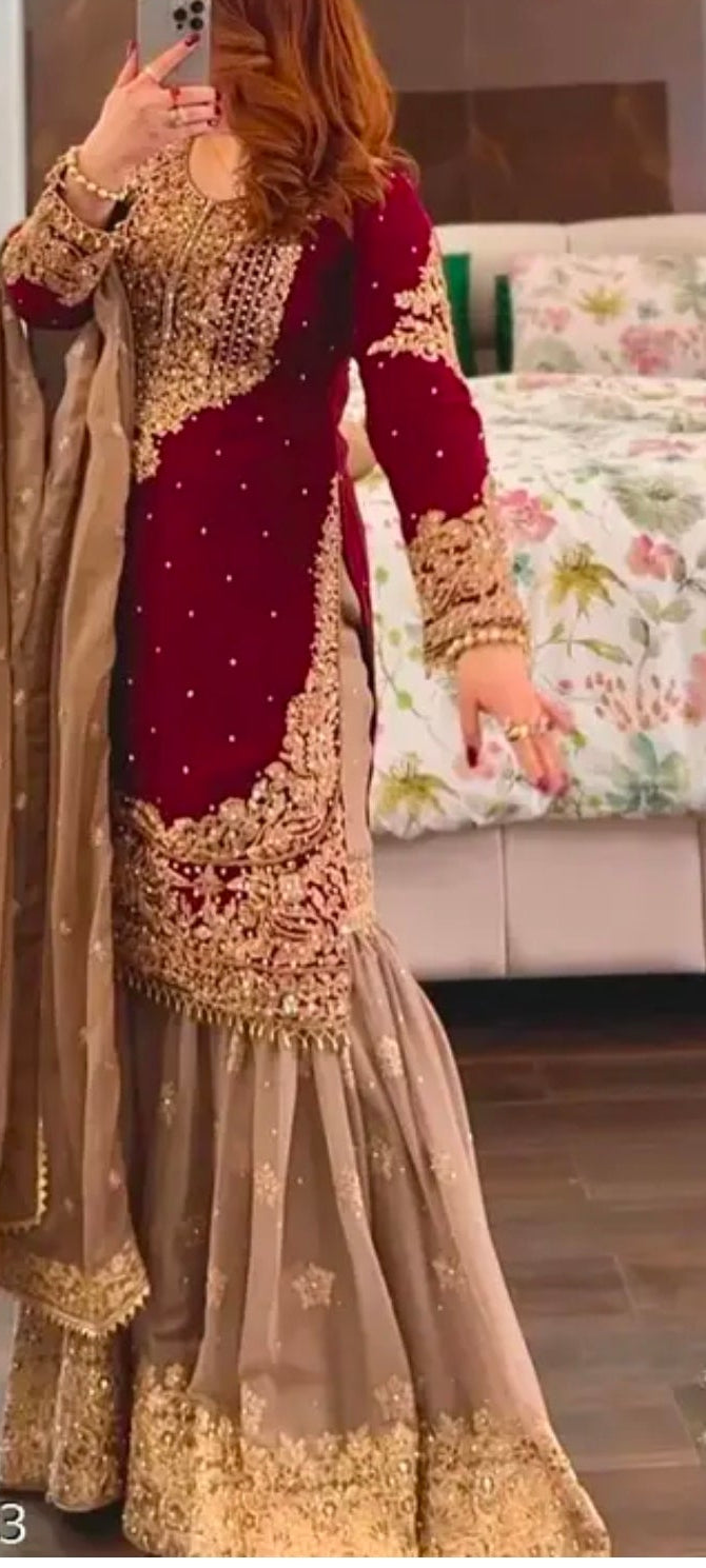 INDO ARABIC 3 PIECE SUIT RED AND CREAMY LILAC