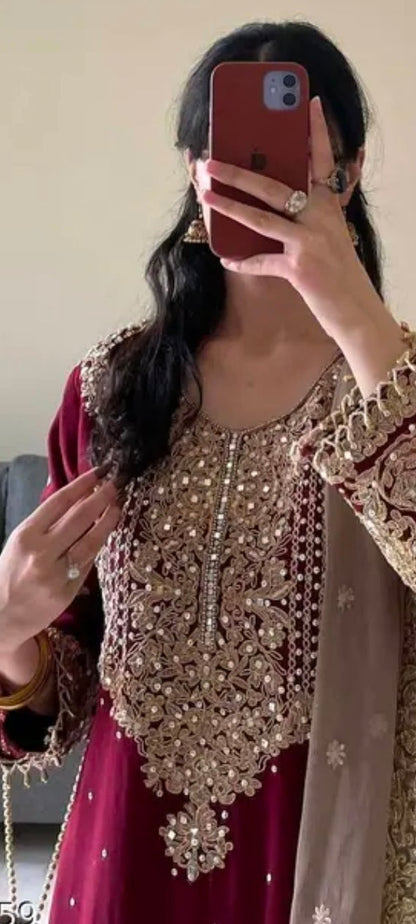 INDO ARABIC 3 PIECE SUIT RED AND CREAMY LILAC