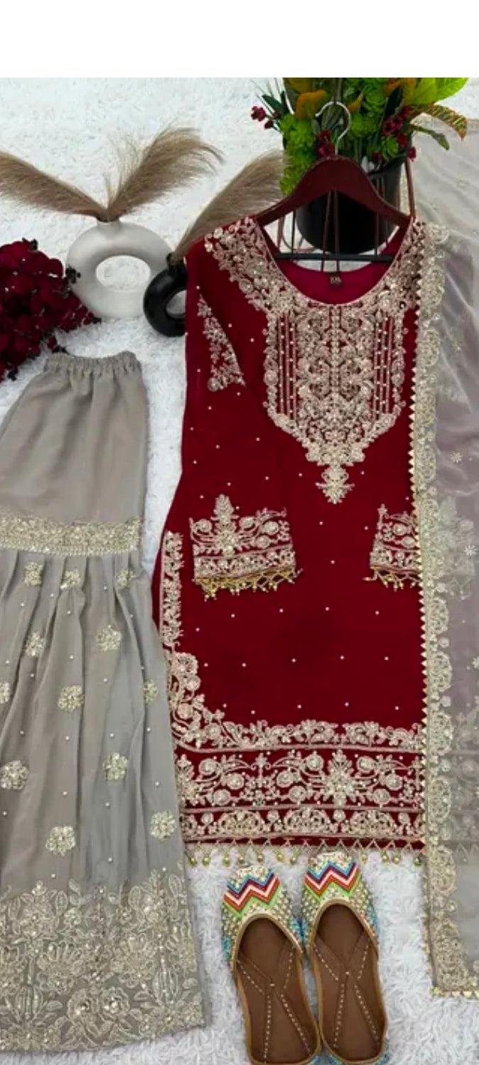 INDO ARABIC 3 PIECE SUIT RED AND CREAMY LILAC