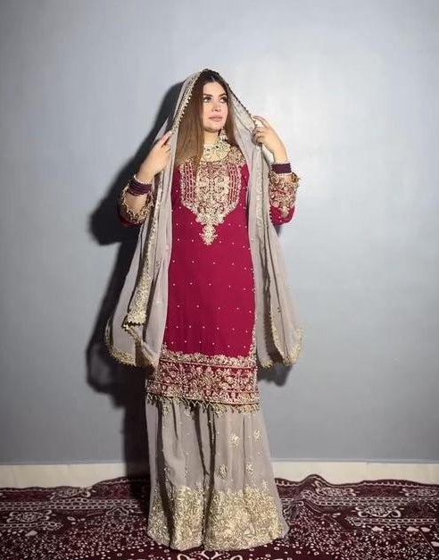 INDO ARABIC 3 PIECE SUIT RED AND CREAMY LILAC