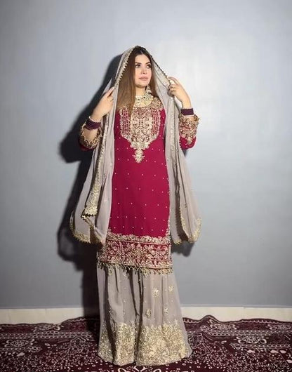 INDO ARABIC 3 PIECE SUIT RED AND CREAMY LILAC