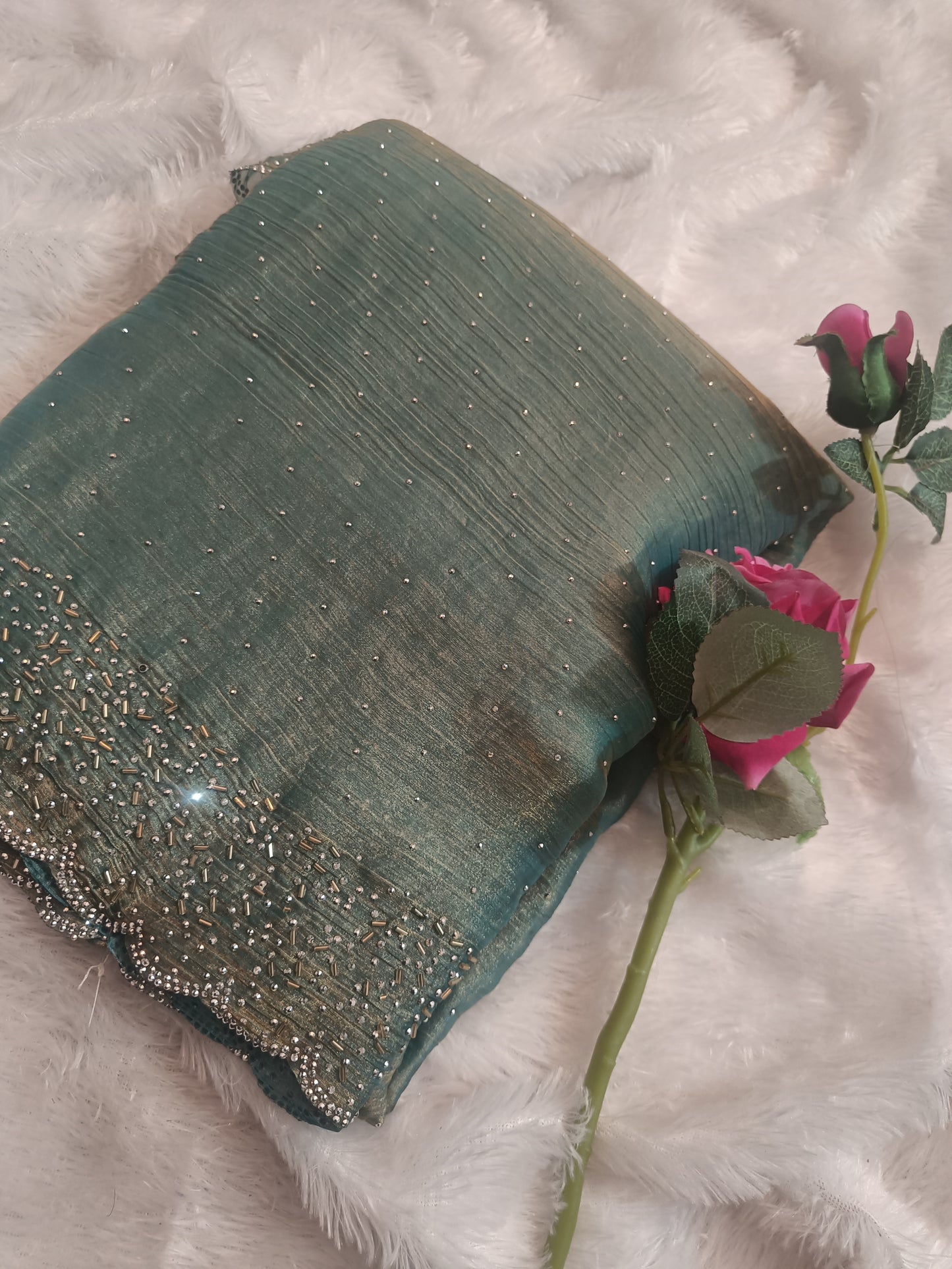 BLING BORDER REPLICA SAREES(teal blue colour)