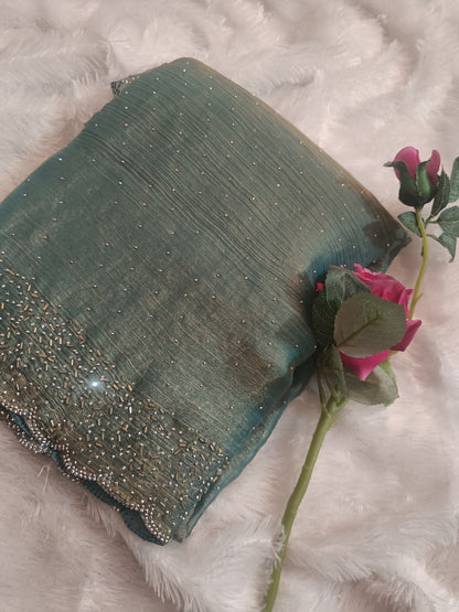 BLING BORDER REPLICA SAREES(teal blue colour)