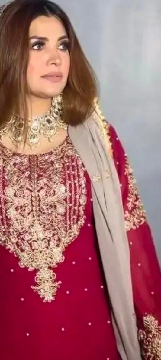 INDO ARABIC 3 PIECE SUIT RED AND CREAMY LILAC