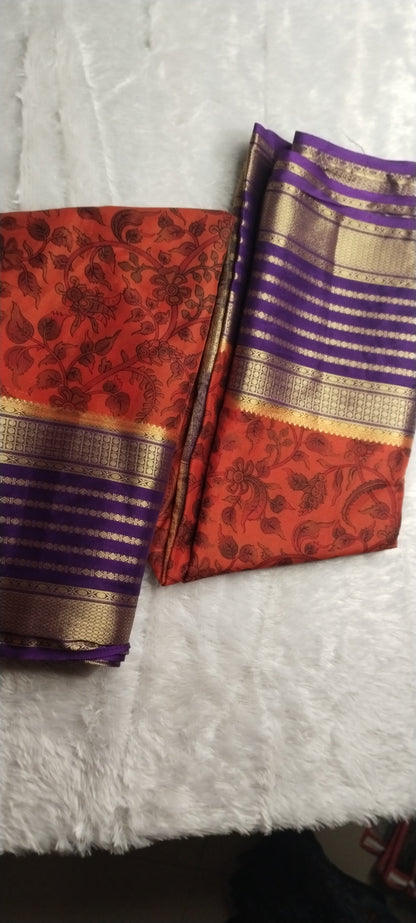 Semi crepe printed rust orange saree