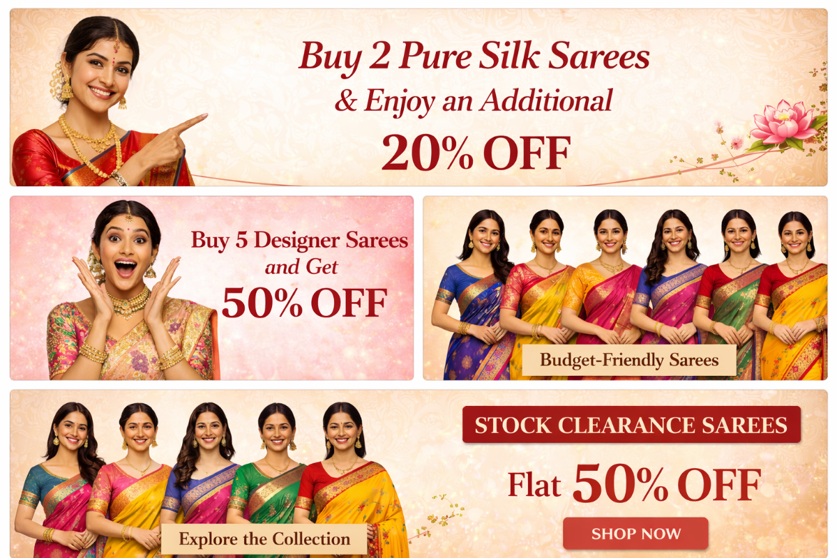 “Stock clearance sarees collection featuring discounted cotton, semi silk, and designer sarees”