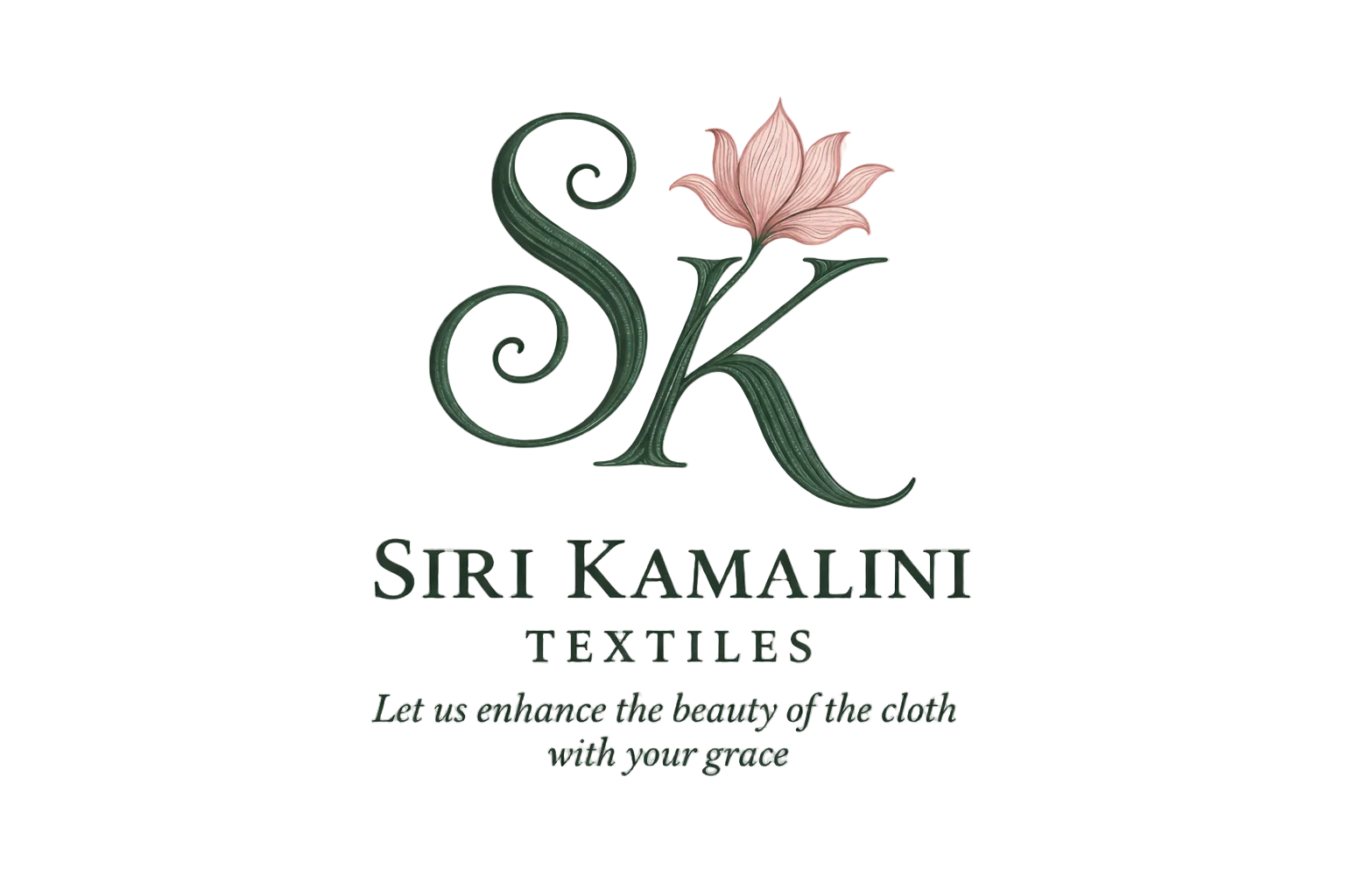 Siri Kamalini Textiles logo with a pink flower on a light gray background